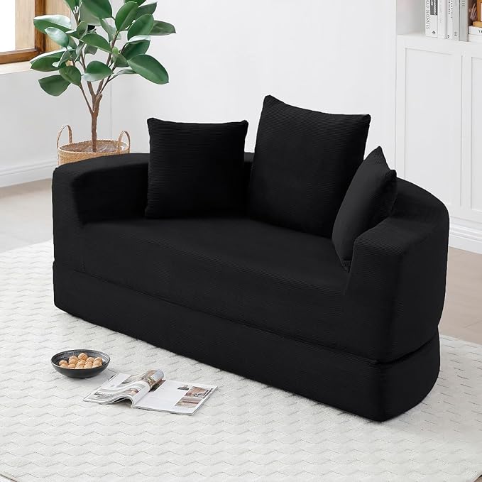 Folding Sofa Bed Corduroy Circular Boneless Couch No Assembly Convertible Sleeper Sofa with 3 Pillow Comfy Futon Sofa Bed for Apartment Office Bedroom Living Room Black
