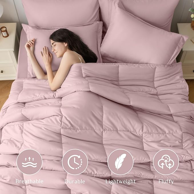 JOLLYVOGUE Queen Comforter Set Ultra-Soft Bed in a Bag Queen Size 7 Pieces Oeko-TEX Certified Bedding Set with Down Alternative Comforter Sheets Pillowcases &amp Shams Camio Pink