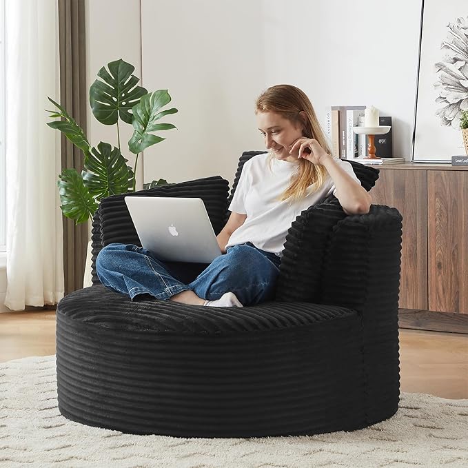 Round Chair Lounge Chaise Indoor 48.8 Oversized Sofa Chair Upholstered Corduroy Deep Seat Sleeper Sofa Bed No Assembly Required for Living Room Bedroom Apartment Black
