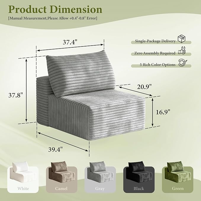 37 Plush Corduroy Ottoman Upholstered Cloud Ottoman for Modular Sectional Couch No Assembly Required Compressed Memory Foam Ideal for Living Room Bedroom and More