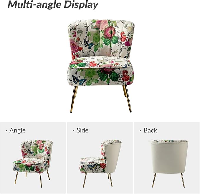 HULALA HOME Accent Chair with Golden Metal Legs Comfy Tufted Wingback Living Room Chair Floral Fabric Small Armless Side Chair Upholstered Slipper Chair for Bedroom Reading Room Flower Print