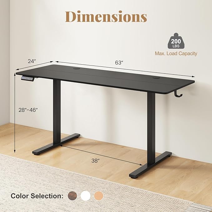 Giantex 63 x 24 Electric Standing Desk with Adjustable Height Stand up Computer Workstation with Cable Hole Hook Modern Gaming Table Ergonomic Sit Stand Desks for Home Office (Black)
