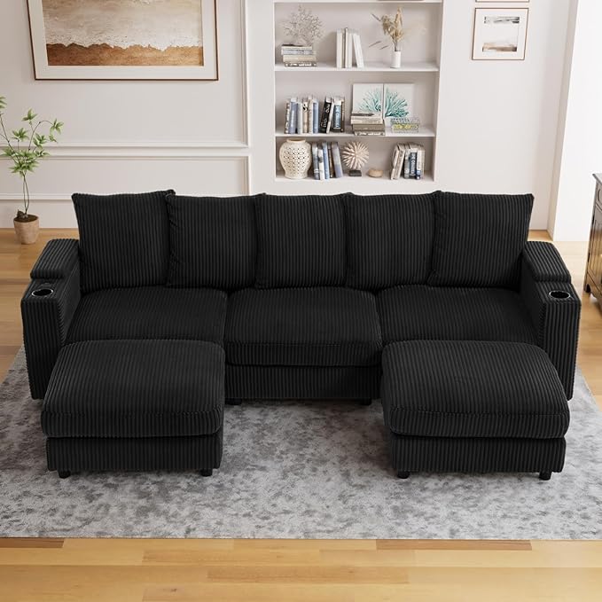 110 Oversized Cloud Couch U Shaped Modular Sectional Sofa L Shaped Sectional Couches for Living Room Comfy Corduroy Cloud Sofa with Ottoman USB Port Cup Holder Armrest Storage Side Pocket Black