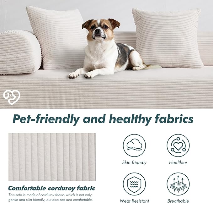 10-in-1 Folding Convertible Sofa Bed 141 Inch Boneless Couch with Fixed-Shape Frame Corduroy Modular Sectional Sofa Mattress Sleeper Sofa Floor Sofa Futon Couch for Living Room (Beige)