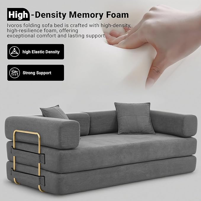 Folding Sofa Bed Convertible Sleeper Sofa Bed with Gold Fixed-Shape Frame Corduroy Floor Couch Lazy Compression Sofa for Living Room Bedroom Home Theater Grey