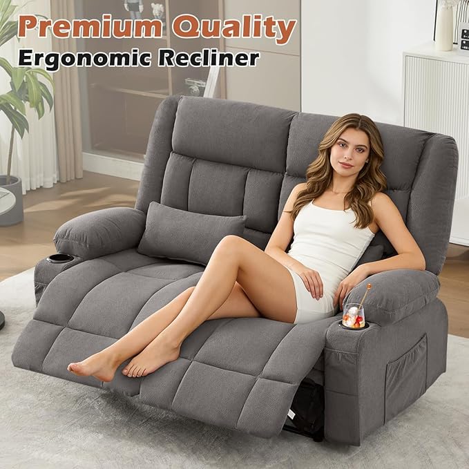 Recliner Loveseat Couch with Cup Holders for Living Room LoveSeat Manual Oversized Recliner with Ergonomic Side Pocket for Adult