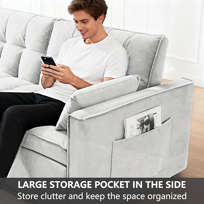53'' Convertible Sleeper Sofa Bed Modern Velvet Fabric Adjustable Backrest Side Pocket and 2 Pillows 3-in-1 Pull Out Loveseat Couch for Living Room Bedroom Small Spaces Beige