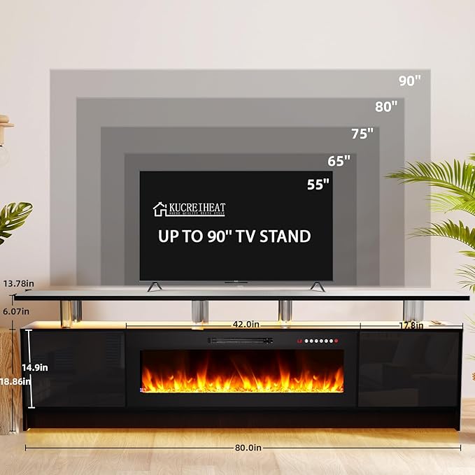 80'' TV Stand with 42'' Fireplace - LED Light Entertainment Center for 90 inch TVs - Black Cabinet with Storage Modern Console for Living Room