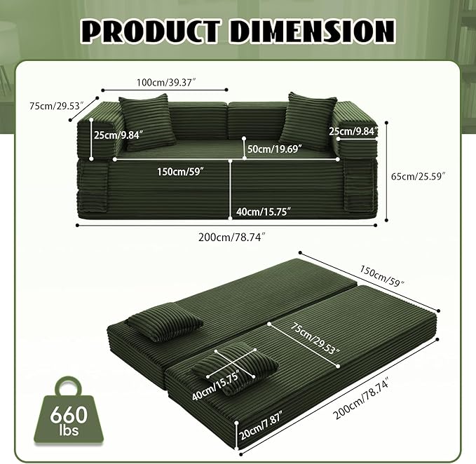 5-in-1 Folding Convertible Sofa Bed 78 Inch Corduroy Boneless Couch Loveseat Sleeper with Pull Out Bed Floor Sofa Modular Futon Couch for Living Room Small Place No AssemblyLight Green