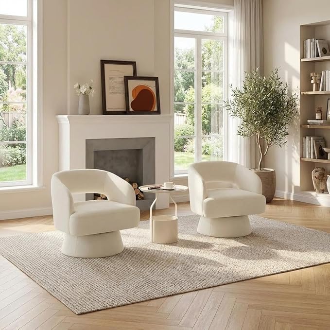GarveeHome Modern Swivel Barrel Accent Chair 360° Velvet Upholstered Armchair with Striped Backrest &amp Plush Padding Comfy Round Lounge Chair (1 Beige + Hollowed)