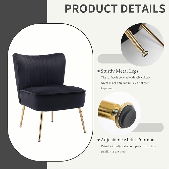 KCC Modern Velvet Upholstered Accent Chair Set of 2Mid Century Living Room Chairs with Golden LegsComfy Armless Chair Wingback Single Sofa Side Chair for BedroomBlack