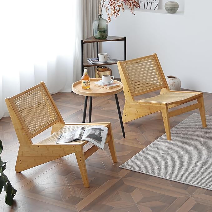 Mid Century Modern Accent Chair Set of 2 for Living Room Low Armless Lounge Chair with Solid Wood Frame Comfy Armchair for Bedroom and Balcony Wood