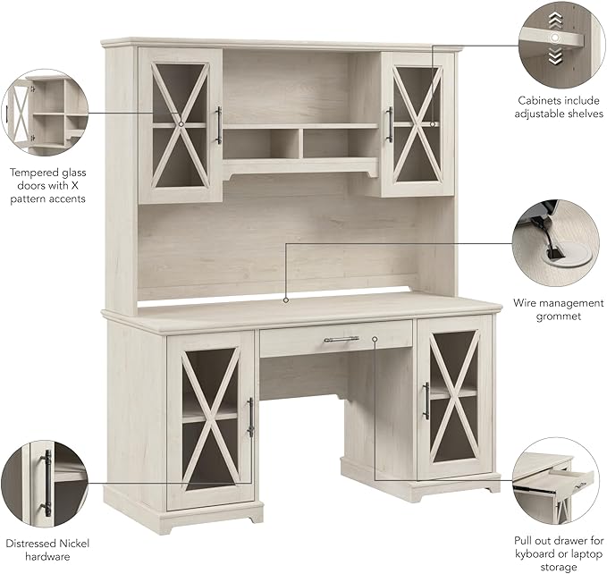 Bush Furniture Lennox 60W Farmhouse Desk with Hutch and Keyboard Tray in Linen White Oak | Computer Table for Home Office