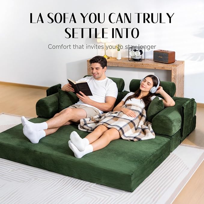 79 Corduroy Sofa Bed Sleeper Couch 6-in-1 Convertible Boneless Floor Futon Loveseat High-Density Foam Couch in a Box with 2 Headrest Pillows No Assembly Olive Green