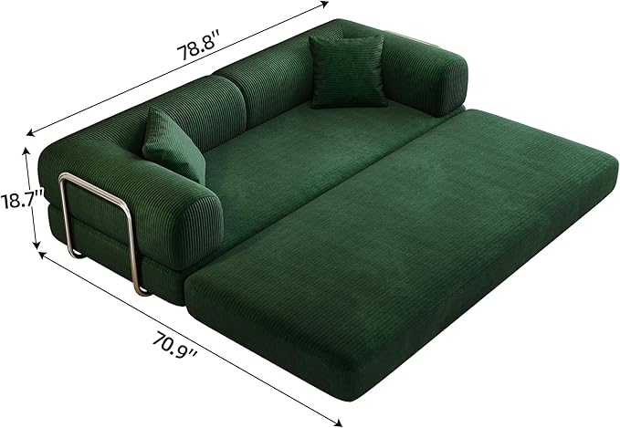 79 Convertible Floor Sofa Bed Modern King Sleeper Folding Mattress Couch with Pillows Corduroy Boneless Sectional Sofa Couch for Living Room Game Room Green