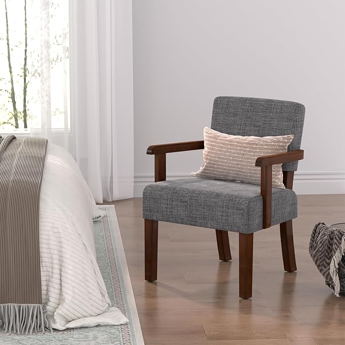 Mid Century Modern Accent ChairArmchairs with Solid Wood Frame and LegsUpholstered Reading Leisure Chair for Living RoomBedroomOfficeWaiting Room (Gray)