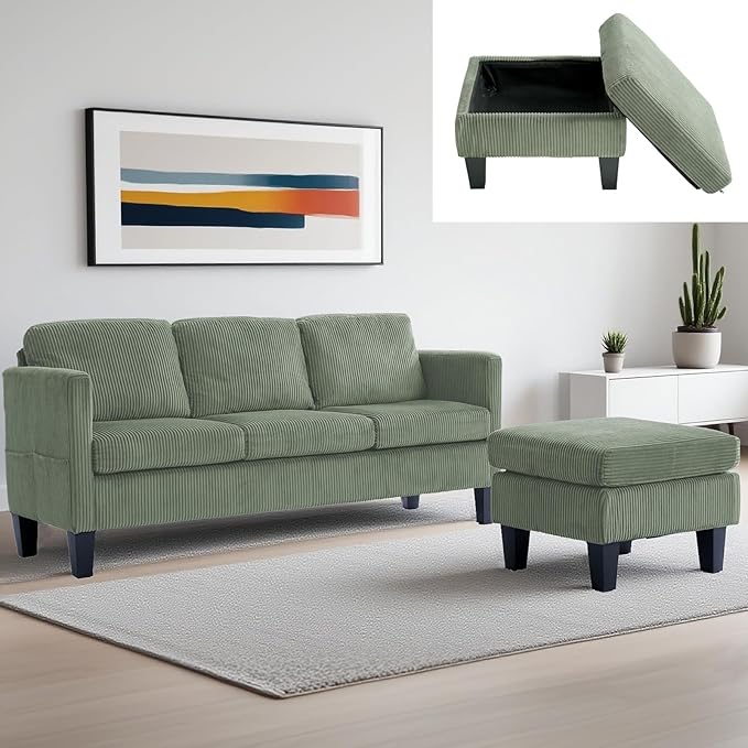 (New) 3 Seater Couch with Ottoman Green Couch with Removable Pillows Velvet Sofas with Side Pockets L Shaped Sofa for Living Room Apartment (Olive Green)