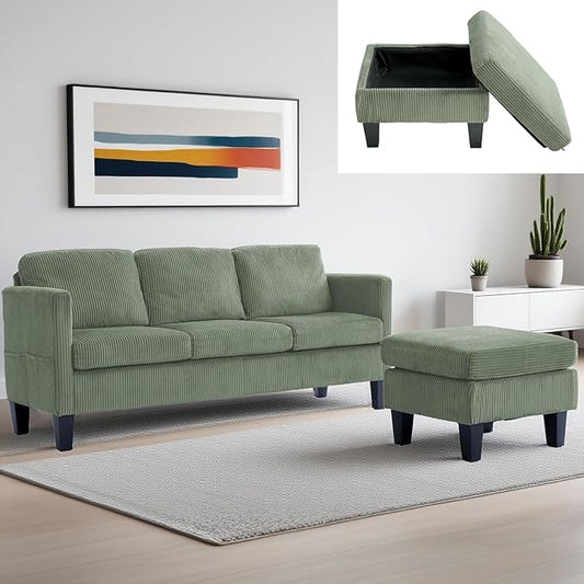 (New) 3 Seater Couch with Ottoman Green Couch with Removable Pillows Velvet Sofas with Side Pockets L Shaped Sofa for Living Room Apartment (Olive Green)