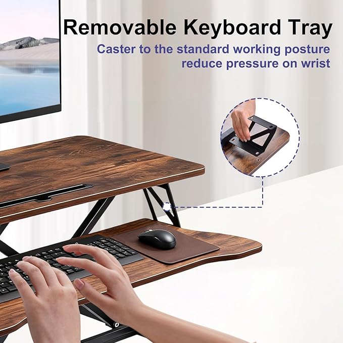38-Inch Height Adjustable Standing Desk Converter Duals Monitor &amp Laptop Riser with Wide Keyboard Tray Sit to Stand Ergonomic Workstation for Home Office School Business Tiger Brown