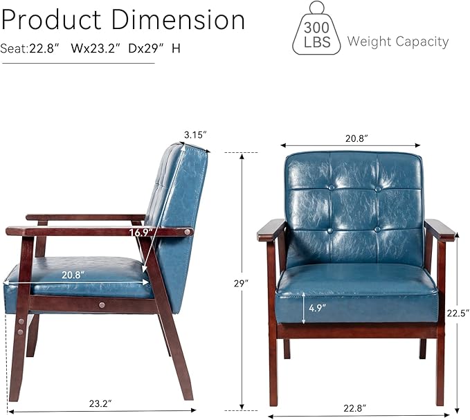Okeysen Mid Century Modern Accent Chairs Retro Wood and Leather Armchairs Side Chair Lounge Reading Comfy Arm Chair for Living Room Bedroom Office (Blue)