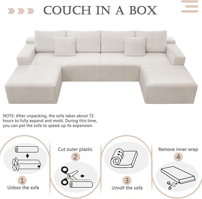 137.8 Cloud Couch Sectional Modular Sofa with 2 Ottoman Corduroy U Shaped Boneless Sofas Couch in a Box No Assembly Required White Couches for Living Room