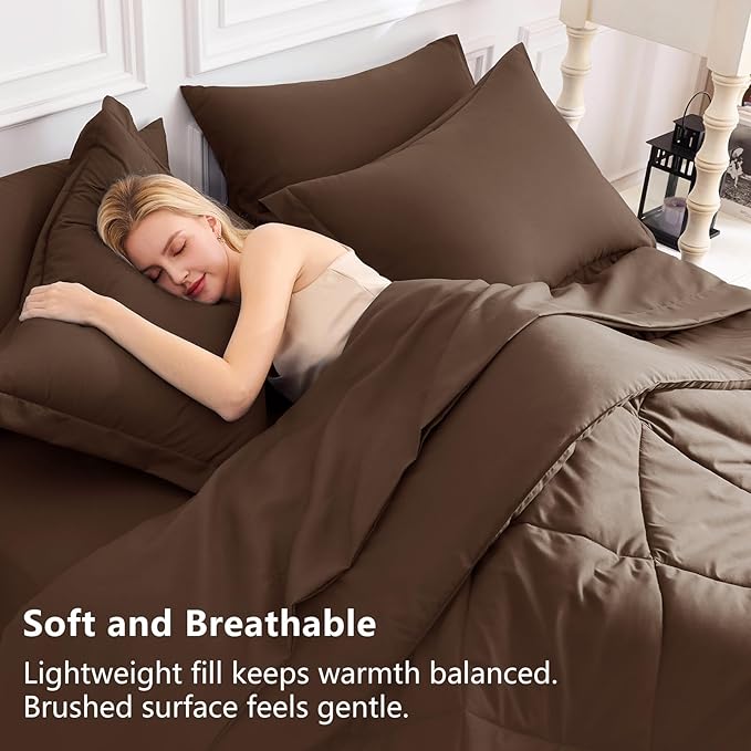 CozyLux Queen Comforter Set Brown - Bed in a Bag Queen Size 7 Pieces Luxury Soft Bed Set for All Seasons Bedding Set with Down Alternative Comforter Sheets Pillowcases &amp Shams