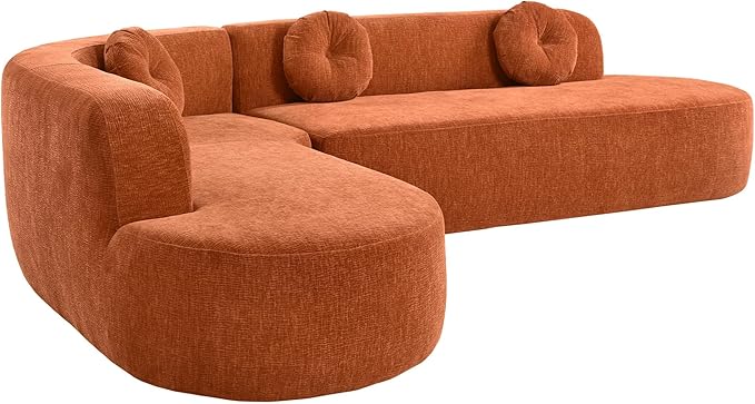 LUMISOL Curved DesignSectional Sofa Couch with 3 Round Cushions 122''L Foam-Filled Compressed Couch for Living Room 2-Piece Modular Chenille Floor Sofa No Assembly Required Orange
