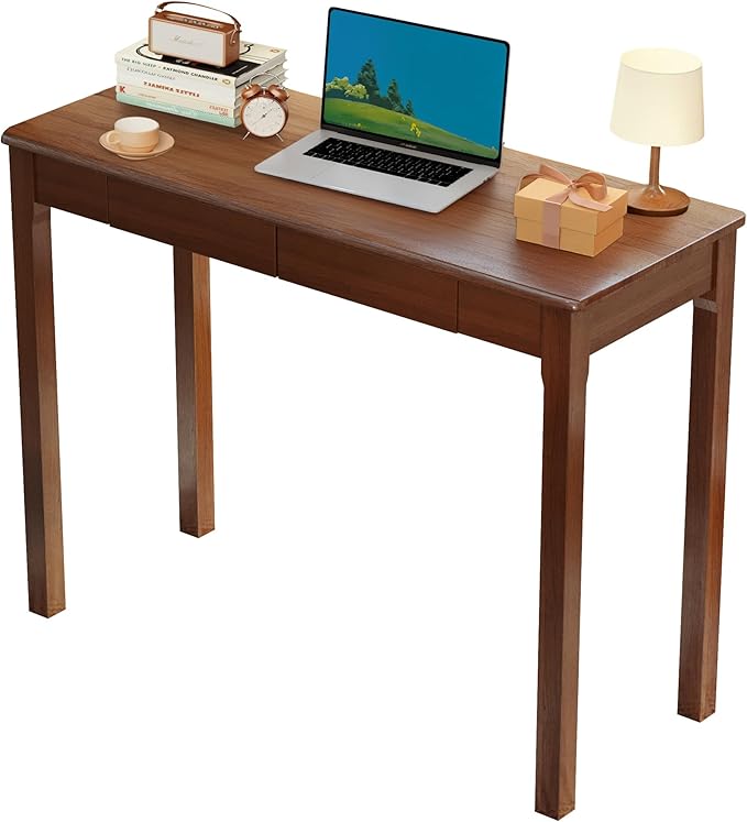 Solid Wood Desk with Drawers - 39 Narrow Desks for Small Spaces Mid Century Modern Desks Small Wooden Vintage Computer Writing Desk Study Table for Home Office Bedroom Walnut