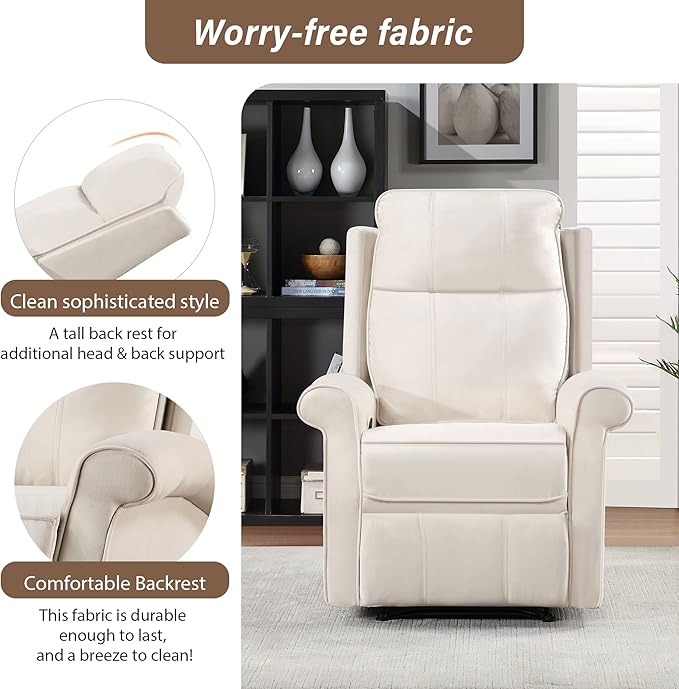 Oversize Modern Upholstered Lounge Single Sofa Manul Recliner Chair with Soft Durable Fabric and Overstuffed Armrests with Tall Neck Support for Living Room Beige