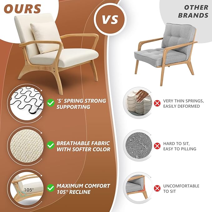 ELUCHANG Accent Chair with Lumbar PillowMid-Century Modern Armchair Linen Fabric Comfy Reading Lounge Side Chair for Living Room Bedroom ApartmentEasy Assembly(Beige)