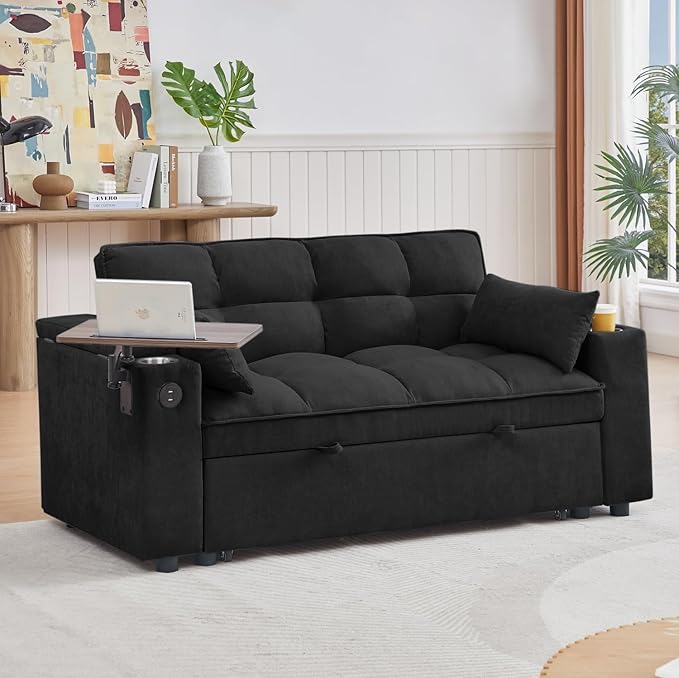 65''Convertible Sleeper Sofa Bed3-in-1 Pull Out Couch Bed with 360 Degree rotatable Side Table and USB Ports for Living RoomRV (07Black)