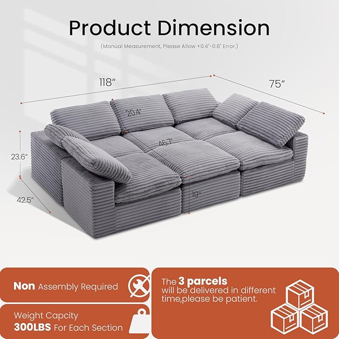 KKL 118 Sectional Modular Boneless Sofa Bed 6 Seater Cloud Couch with Ottoman Corduroy Sectional Couches for Living Room Bedroom Grey