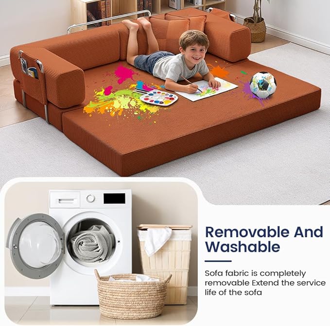 Folding Sofa Bed Convertable Corduroy Couch King Size Floor Sleeper 4-in-1 DIY Combination Modular Sofa Fold Out Futon Lounge Comfy Foldable Lazy cama for Living Room