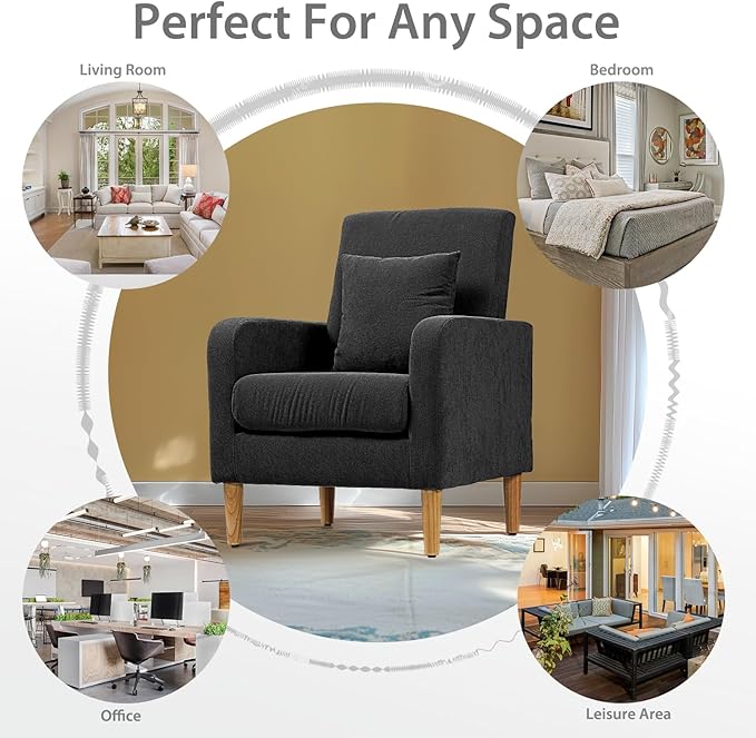 Upholstered Sofa Chair with Pillow Fabric Accent Armchair with Wooden Legs Comfy Lounge Chair for Living Room Bedroom or Office Supports up to 300 lbs (Black)