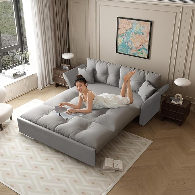 74.8 Queen Size Sleeper Sofa with Pull Out Bed 3-in-1 Convertible Loveseat Sofa with 2 Pillows Portable Pull Out Chaise for Living Room Apartment Small Spaces Grey