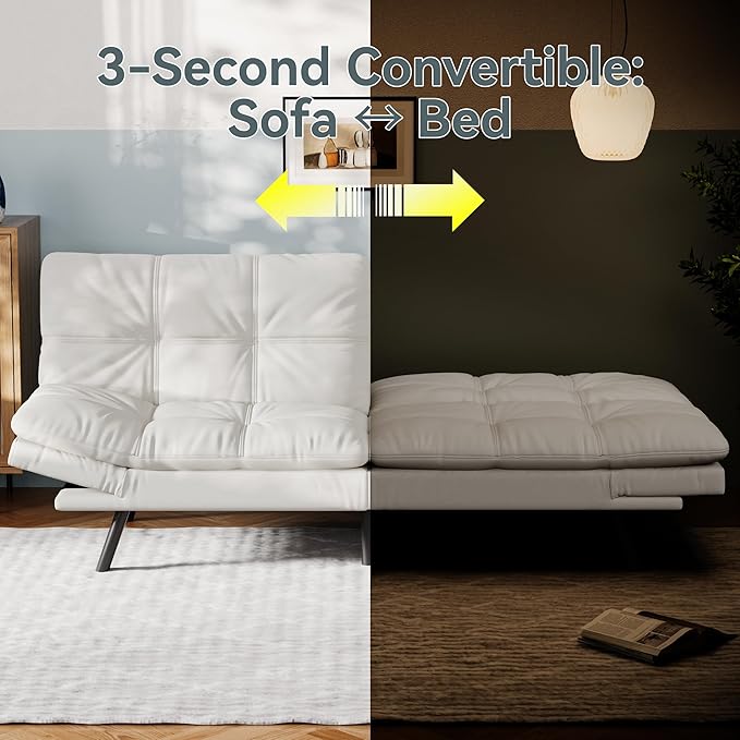 Vyfipt Convertible Futon Sofa Bed White Faux Leather Futon Couch with Adjustable Backrest &amp Armrests Folding Small Recliner Sleeper Sofa Bed for Living Room Apartment Office