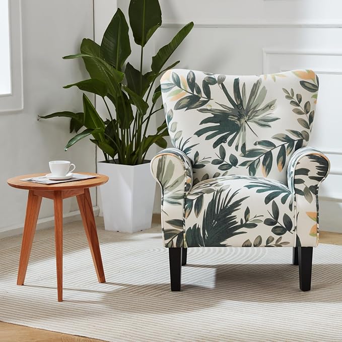 MELLCOM Mid Century Wingback Arm ChairModern Upholstered Fabric High Back Accent Chair with Wood LegsUpholstered Single Sofa Club Chair for Living Room Bedroom Home Office Green Leaves