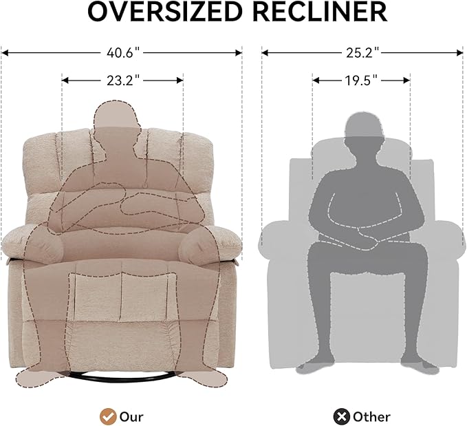 WILLOVE Oversized Rocker Recliner Chair Rocking Recliners Overstuffed Soft Big Man Manual Recliner Extra Large Living Room Chair 350 LBS CapacitySandy Normal