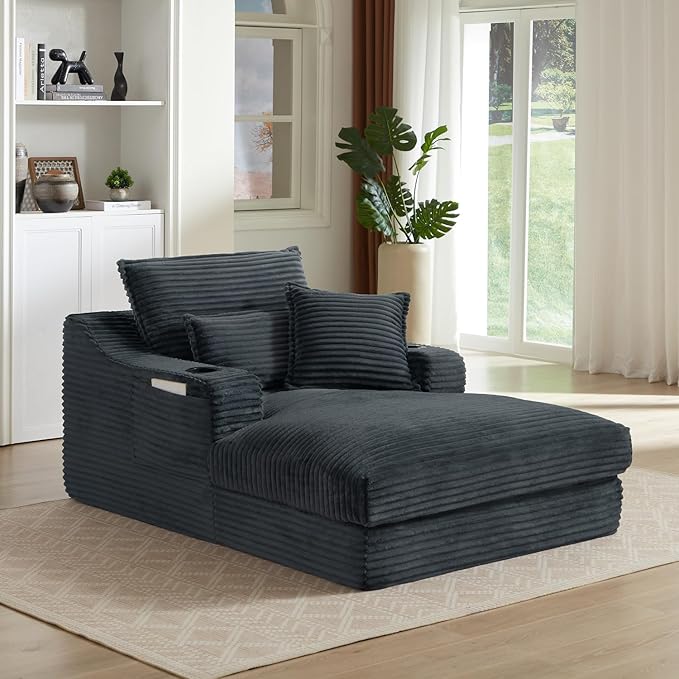 67.7 Oversized Chaise Lounge Chair Indoor Modern Corduroy Single Sleeper Couch Chair with 3 Soft Pillows＆Cup Holder Boneless Cloud Couch Single Seat Sofa for Living Room Bedroom (Dark Gray)