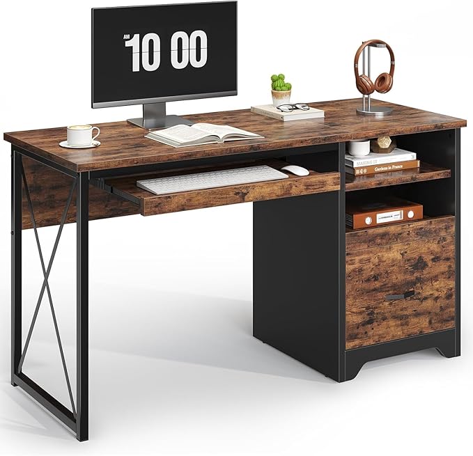Bestier 47 Computer Desk with Drawers Home Office Desk with Keyboard Tray Reversible Industrial Office Desk with Storage Cabinet for Small Space Home Office &amp Studio Rustic Brown