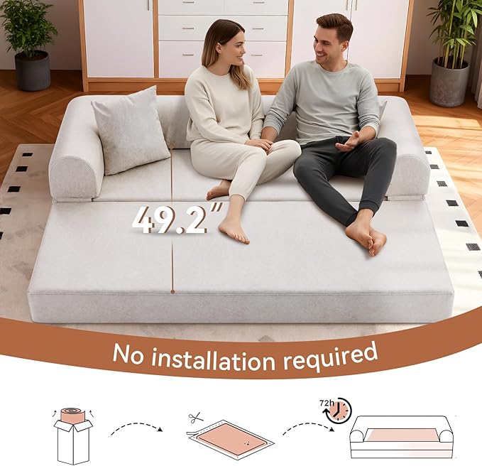 4-in-1 Folding Convertible Sofa Bed 78 Inch Faux Leather Boneless Couch Loveseat Sleeper with Pull Out Bed Floor Sofa Modular Futon Teddy Sofa for Living Room Bedroom Lounge Beige
