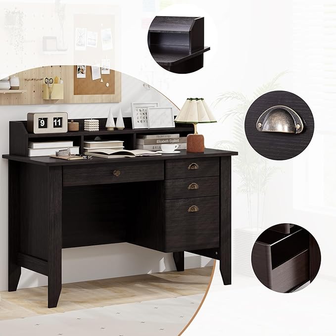 Safeplus 48 Computer Desk with 4 Storage Drawers and Hutch Wood Executive Table for PC Laptop