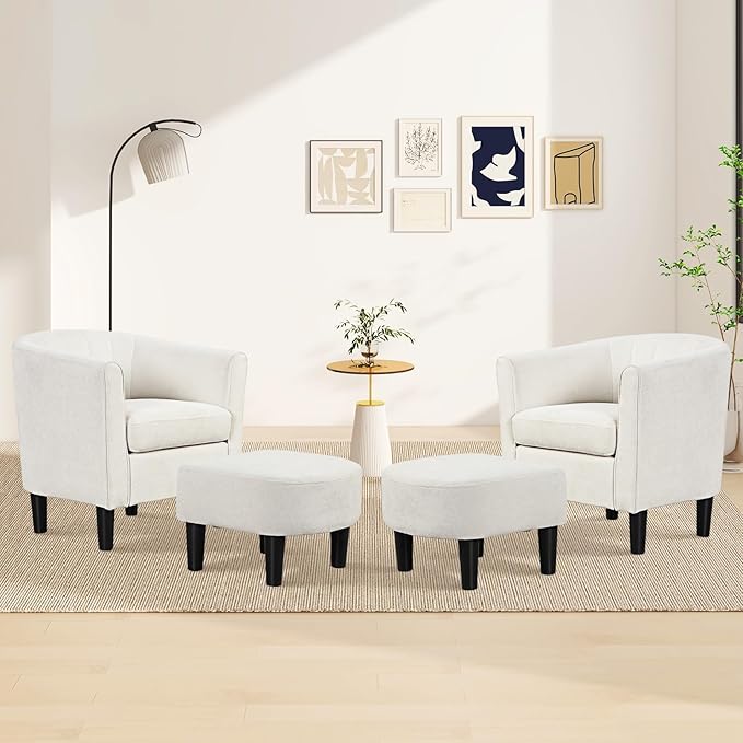 GOFLAME Accent Chair with Ottoman Modern Teddy Velvet Barrel Chair with Footrest Curved Backrest Removable Seat Cushion Upholstered Club Tub Sofa Reading Armchair for Living Room Bedroom Beige
