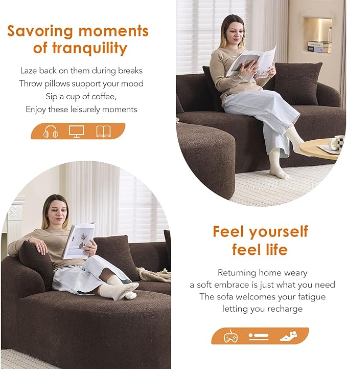 Curved Sectional Sofa Couch Oversized L Shape Deep Seat Cloud Couch Modern Chenille 4-Seater Sofa with Chaise No Assembly Required Couches for Living Room Apartment Office Brown