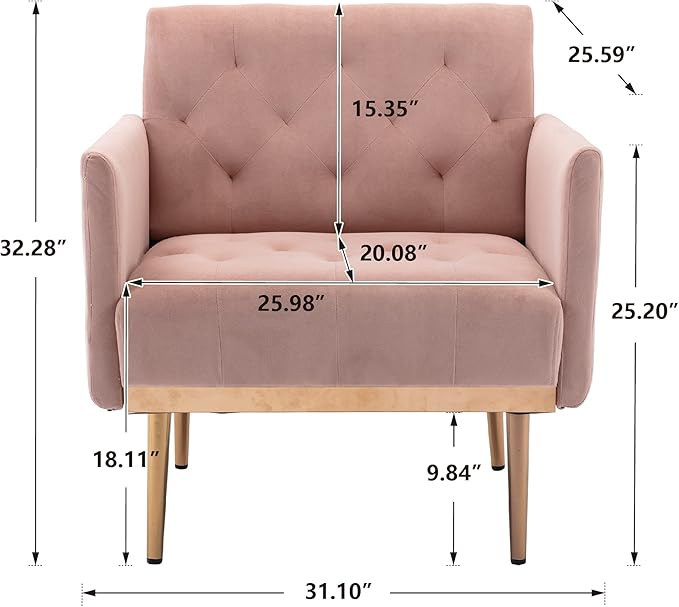 Modern Accent Chair Upholstered Single Sofa Arm Chair for Living Room and Bedroom Upholstered Comfy Armchair Chair with Solid Tapered Metal Legs (Pink)