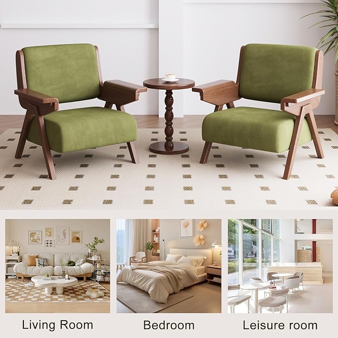 Accent Chair Set of 2 Mid Century Modern Chair Velvet Upholstered Lounge Arm Chair with Solid Wood Cozy Seating for Living Room Bedroom Balcony (Green)