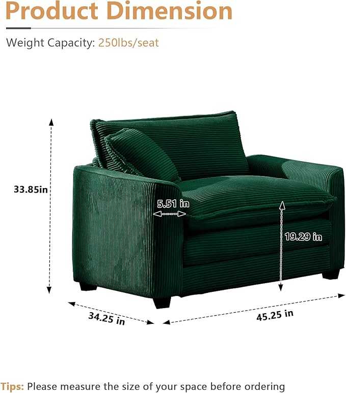 mikibama Luxury Modular Sectional Sofa Chair 45 Inch Modern Corduroy Comfy Cloud Couches for Living Room Office Bedroom Deep Sofa Chair with 1 Toss Pillows Green