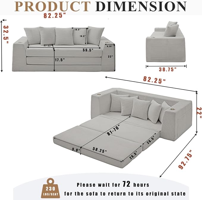 82.25 Convertible Loveseat Sleeper Sofa Bed with Side Pocket 2 in 1 Corduroy Pull Out Bed with 5 Pillows Boneless Couch with 2 Cup Holders and Wide Armrest No Assembly Light Gray
