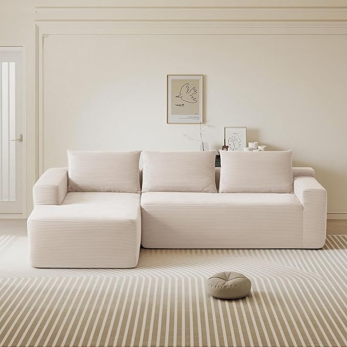 97inch Boneless L-Shaped Sectional Sofa with Throw Pillow &amp Side Pockets- No Assembly Compressed Modular Couch Memory Foam Deep Seat for Living Room Bedroom Apartment White Left