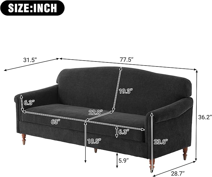Christopher Knight Home Sola 77.5'' Modern Chenille Upholstered Loveseat Sofa with Rolled Armrest and Rubberwood Frame 2-Seater Home Sofa Living Room Comfy Couch for Hotel/Apartment Dark Grey